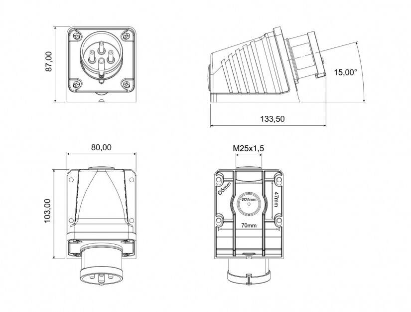 Bemis BC1-1504-2236 CEE Norm 4x16A 90 Derece Eğik Duvar Fiş - 2